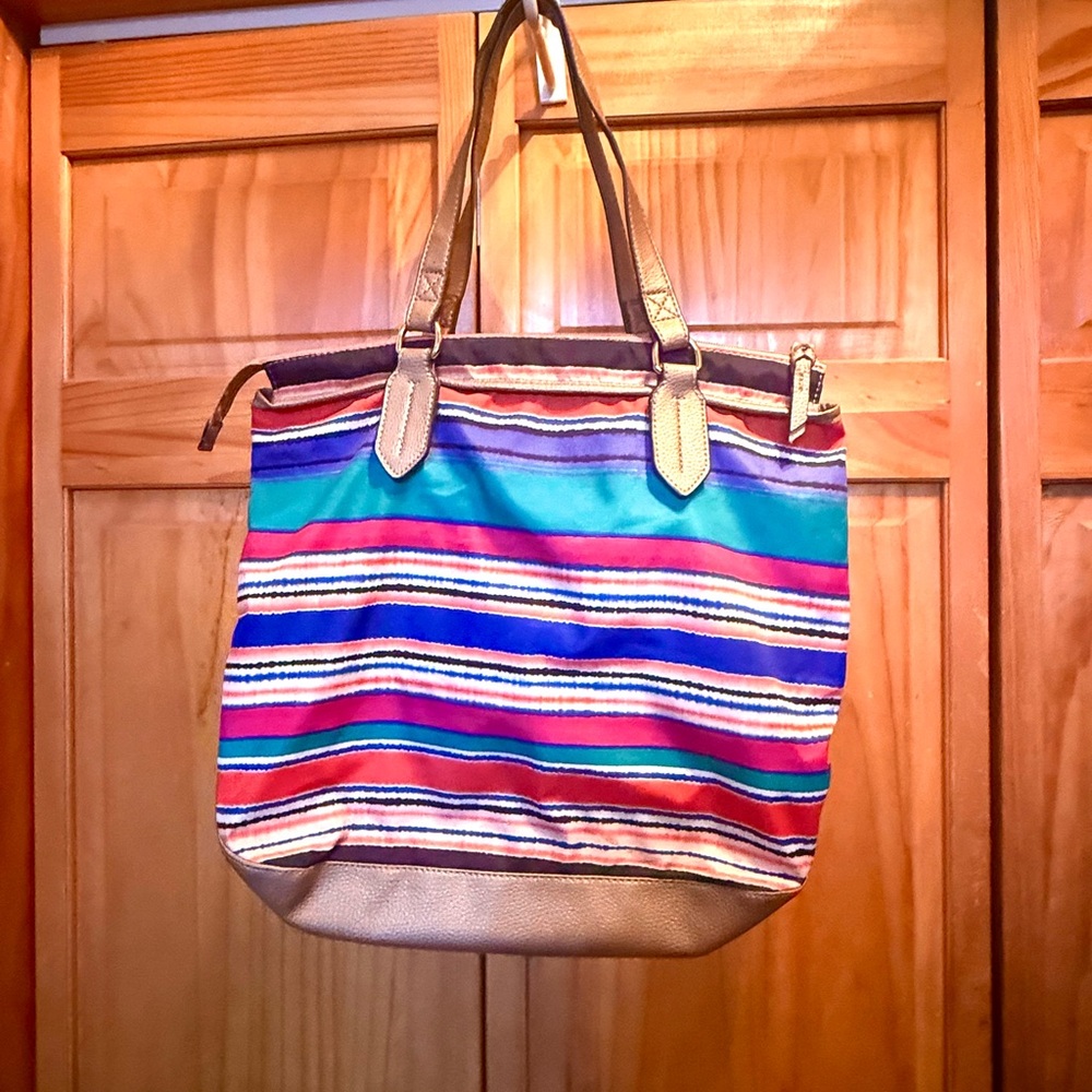 Dana Buchman Striped Tote in Teal, Navy, Coral and Brown Trim - Picture 2 of 5